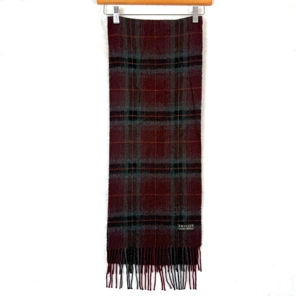 AMICALE Pure Cashmere Plaid Fringe Rectangular Scarf Unisex Burgundy 11" x 63"